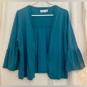 Time and True Open Front Bell Sleeve Lightweight Teal Sweater Size L